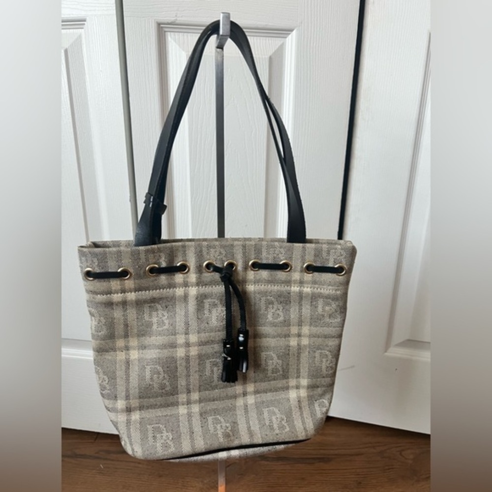 Dooney & Bourke Beige Plaid Tote with Black Straps
